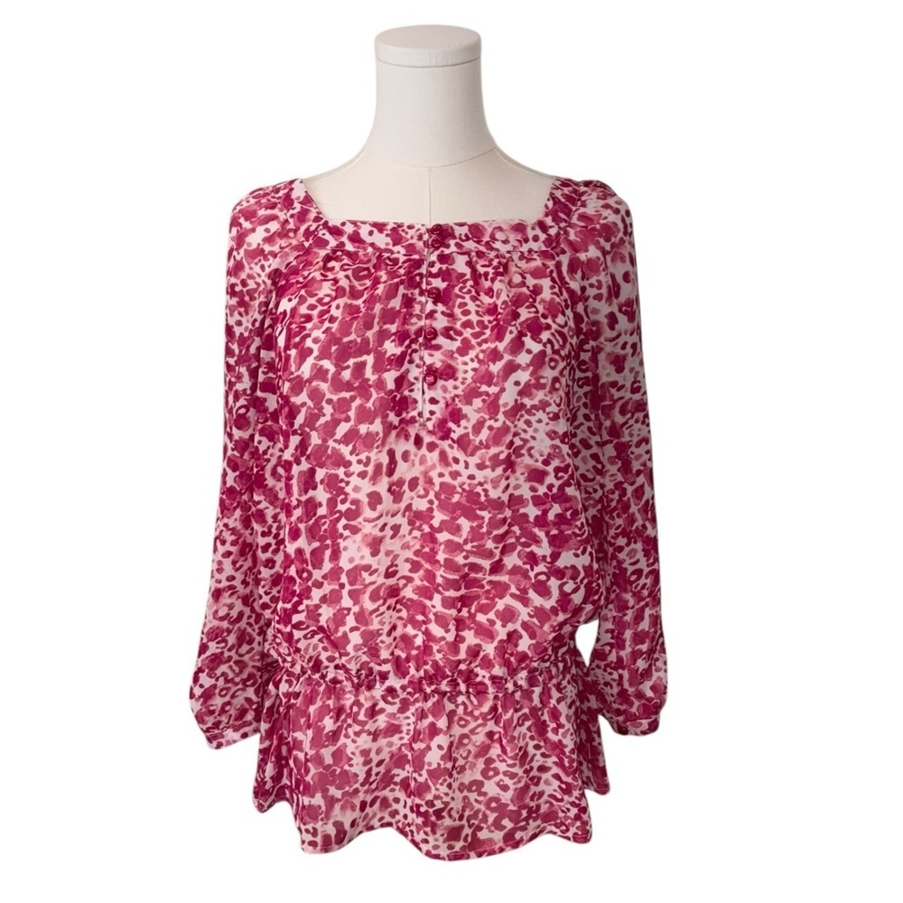 Women's Small Pink & White Career Casual Sheer Cinched Waist Blouse Top